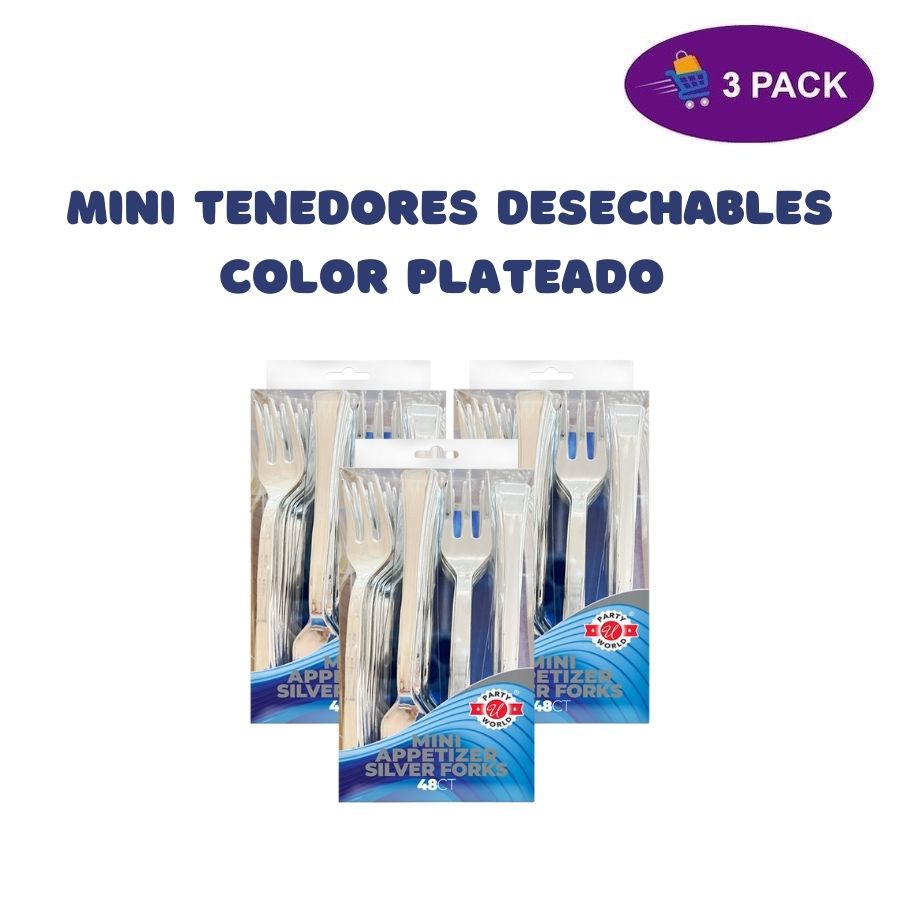 Party World Mini Tenedores Desechables Color Plateado (48 Ct.) 3 x