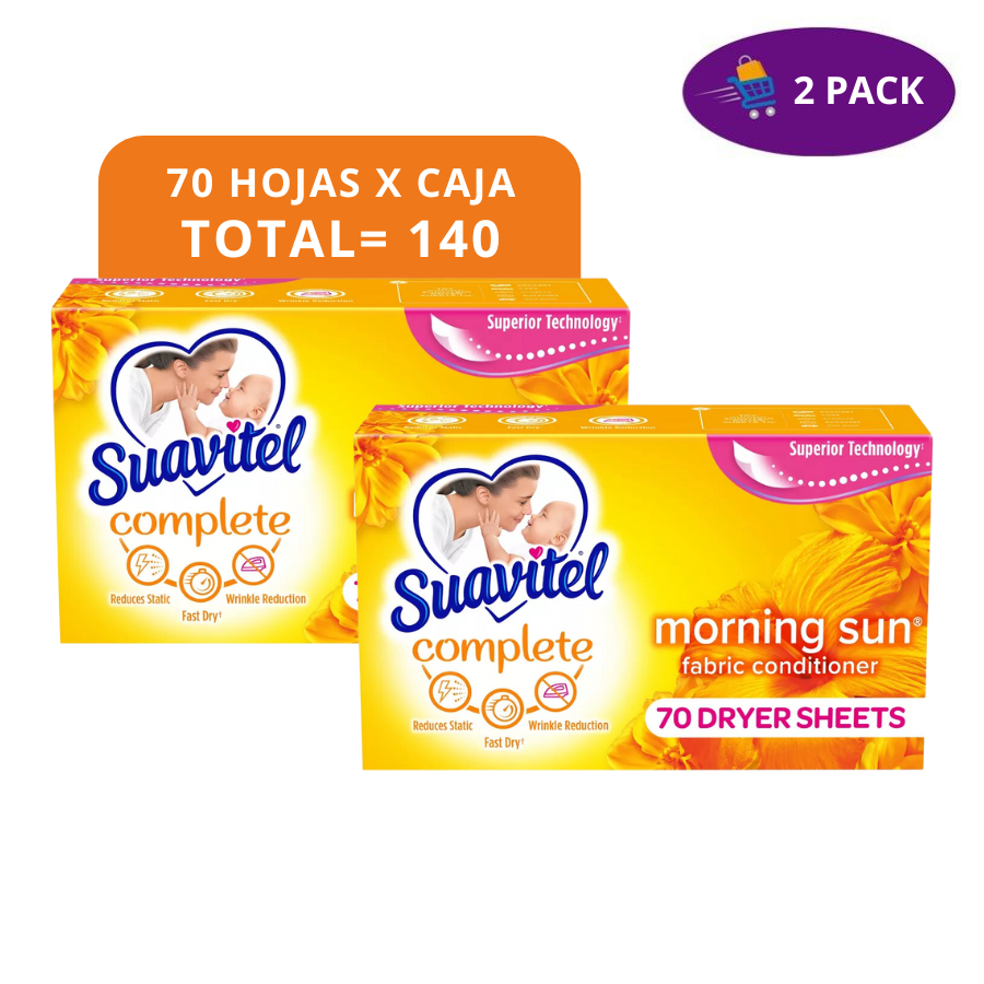 Suavitel Complete Morning Sun Hojas Para Secadora Cajas de 70 hojas =140  hojas, 2x
