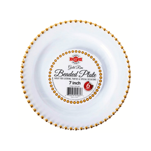 Platos Desechables Party World White & Gold  Beaded Plate  (7 In, 6 Piezas)