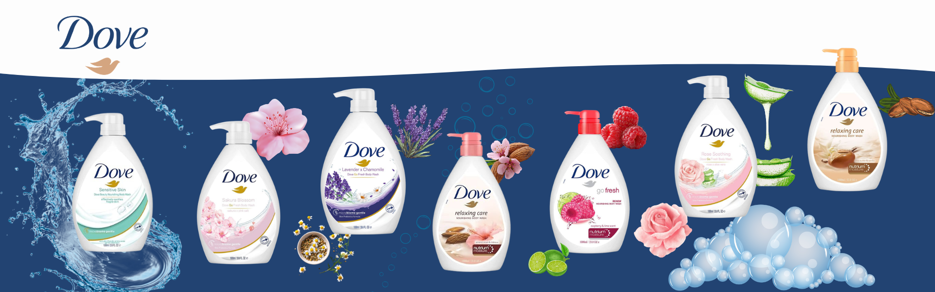 Jabones líquidos corporales Dove: piel sensible, sakura, lavanda y manzanilla, rosas y almendras.