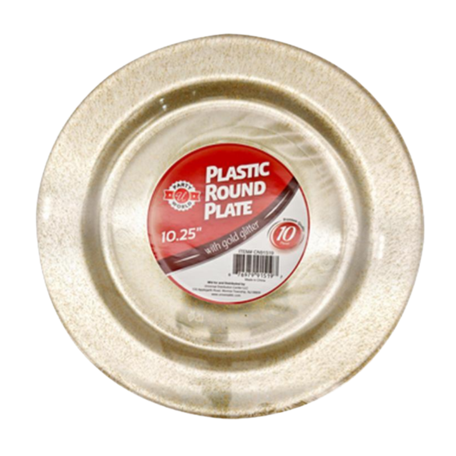 676979915197 Platos Desechables Plastic Round GOLD GLITTER 10.25"(10 Piezas) - Imagen 1