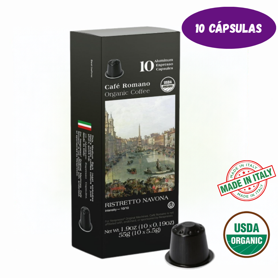 7289 Cápsulas de café expreso orgánico USDA Café Romano Ristreto Navona (10 Cápsulas) $5.50 - Imagen 1