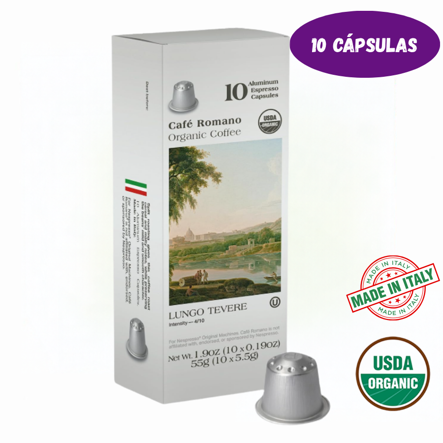 7302 Cápsulas de café expreso orgánico USDA Café Romano Lungo Tevere (10 Cápsulas) $5.50 - Imagen 1