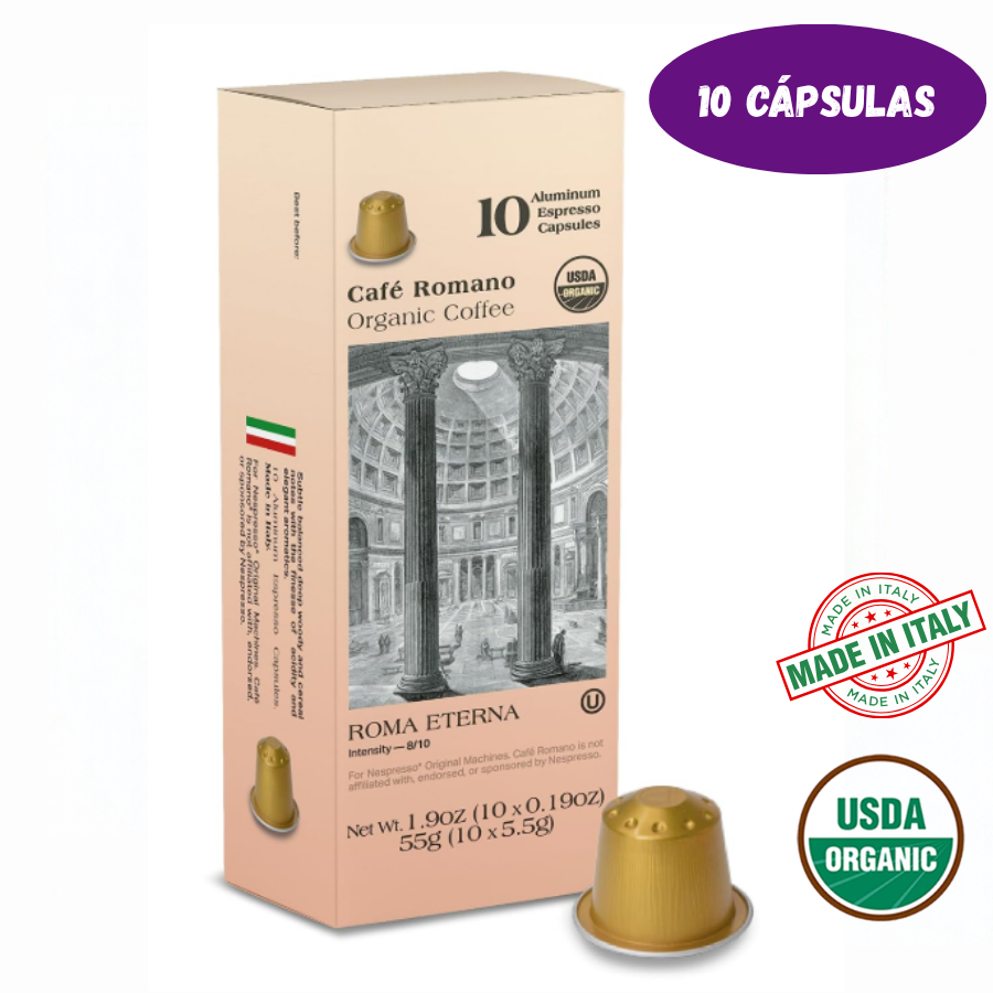 7319 Cápsulas de café expreso orgánico USDA Café Romano Roma Eterna (10 Cápsulas) $5.50 - Imagen 1